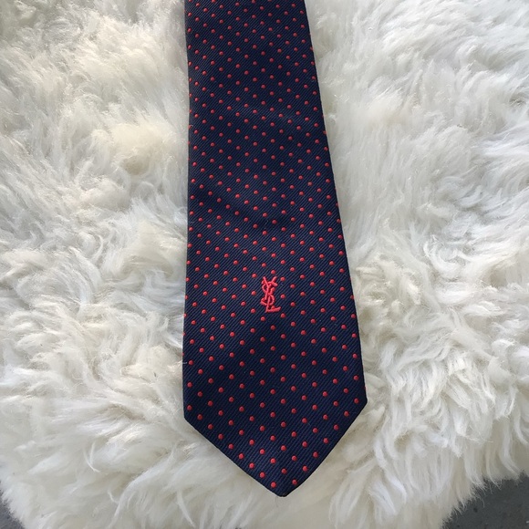 Yves Saint Laurent Paris New York 100%Silk Navy and Red Polka Dot Men's Tie